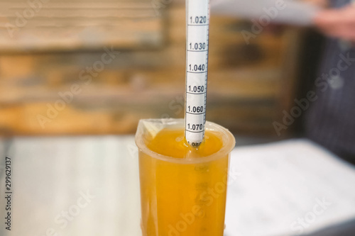 Measurement of alcohol content in beer. Hydrometer in glass of beer.