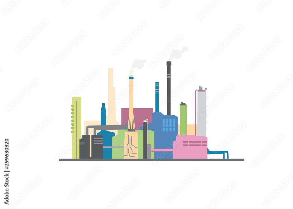 2D vector illustration template with industrial facility buildings and chimneys.