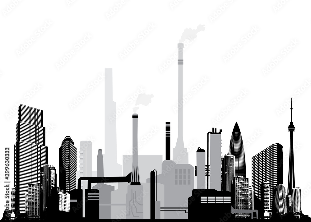 2D vector illustration template with industrial facility buildings and skyscrapers.