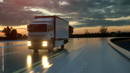 White delivery truck on asphalt road highway at sunset - transportation background. 3d rendering
