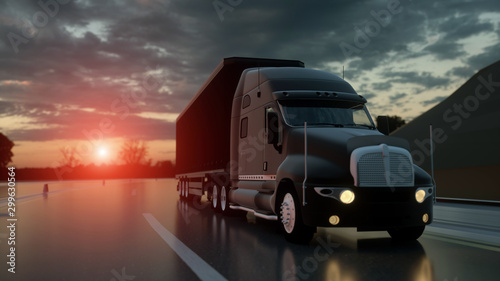 Semi trailer. Truck on the road, highway. Transports, logistics concept. 3d rendering