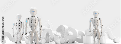 question marks and humanoid robots 3d-illustration
