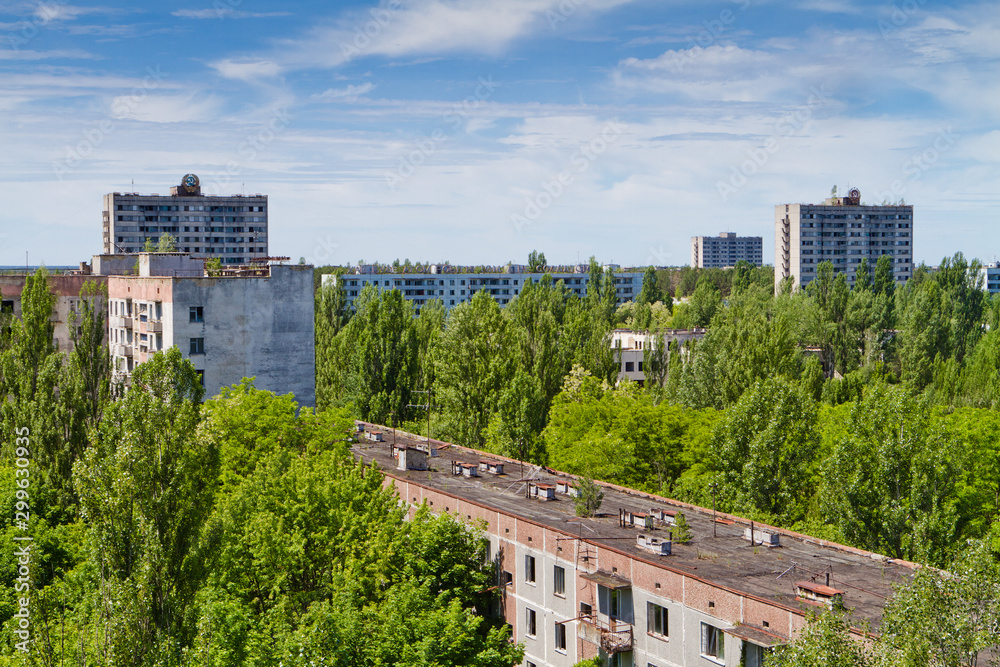 Dead city Pripyat (Ukraine). Aerial view from roof. Chernobyl nuclear power plant zone of alienation