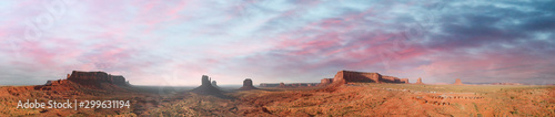 Aerial panoramic view of Monument Valley National Park at summer sunset, United States