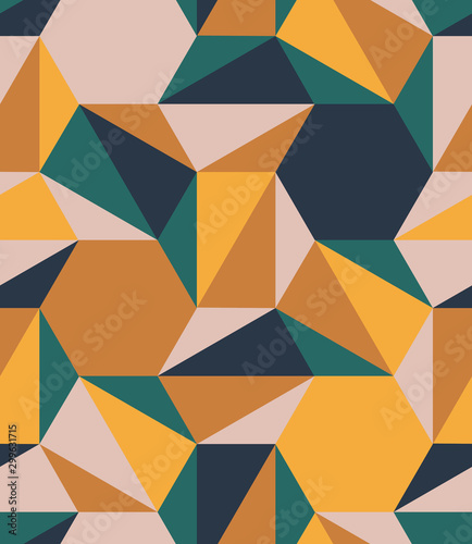 Colorful polygons shapes tile mosaic multi-colored blocks, seamless repeat vector pattern. Triangle, square, diamond, trapezoid, hexagon, polygon. Yellow ochre, peach skin, forest green, navy blue.