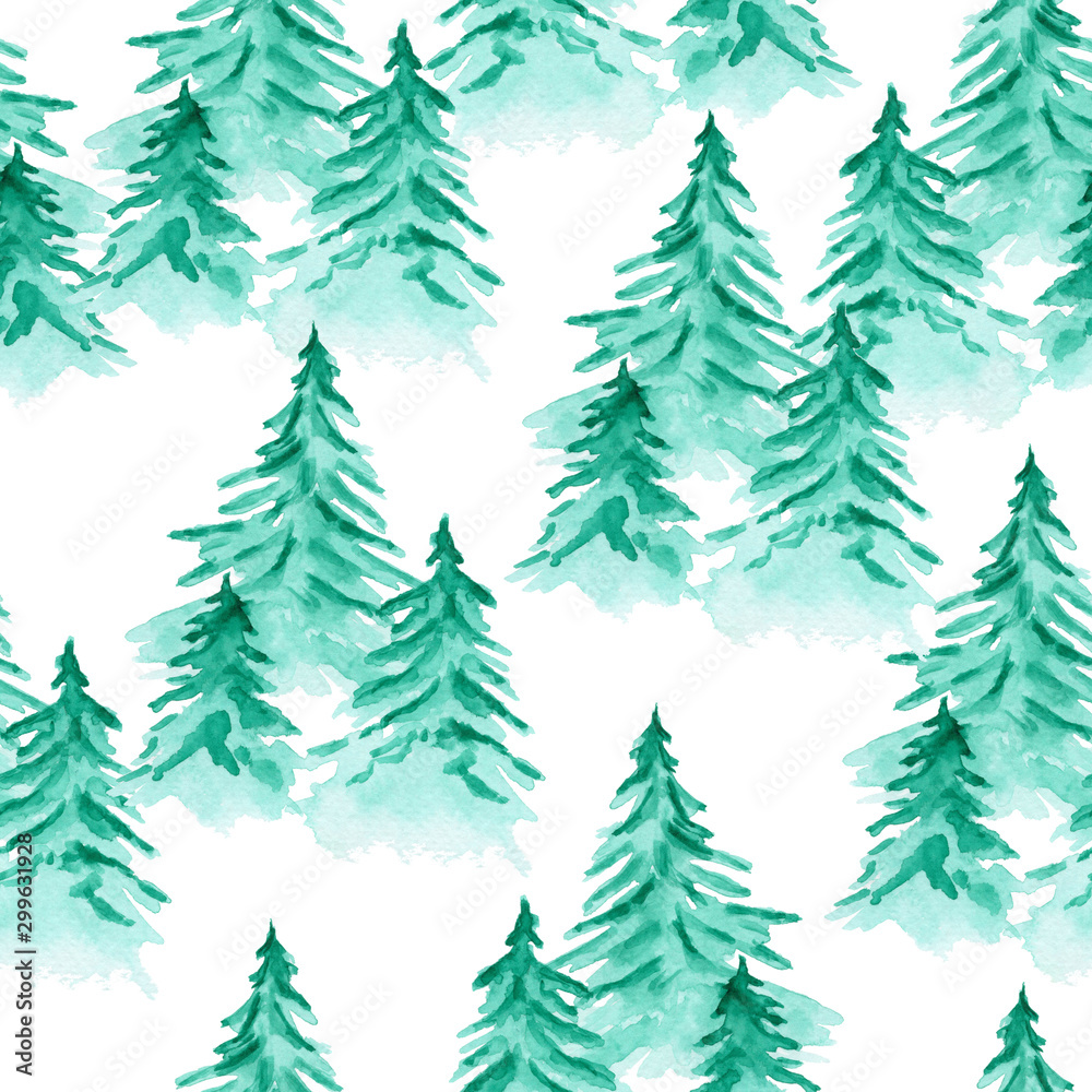 Cute watercolor seamless pattern with emerald green coniferous fir trees. Cute snowy New Year forest texture for textile, wrapping paper, surface, wallpaper, background design