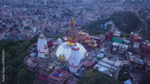 Aerial: Swayambhu temple is an ancient religious architecture atop a hill in the Kathmandu Valley, west of Kathmandu city