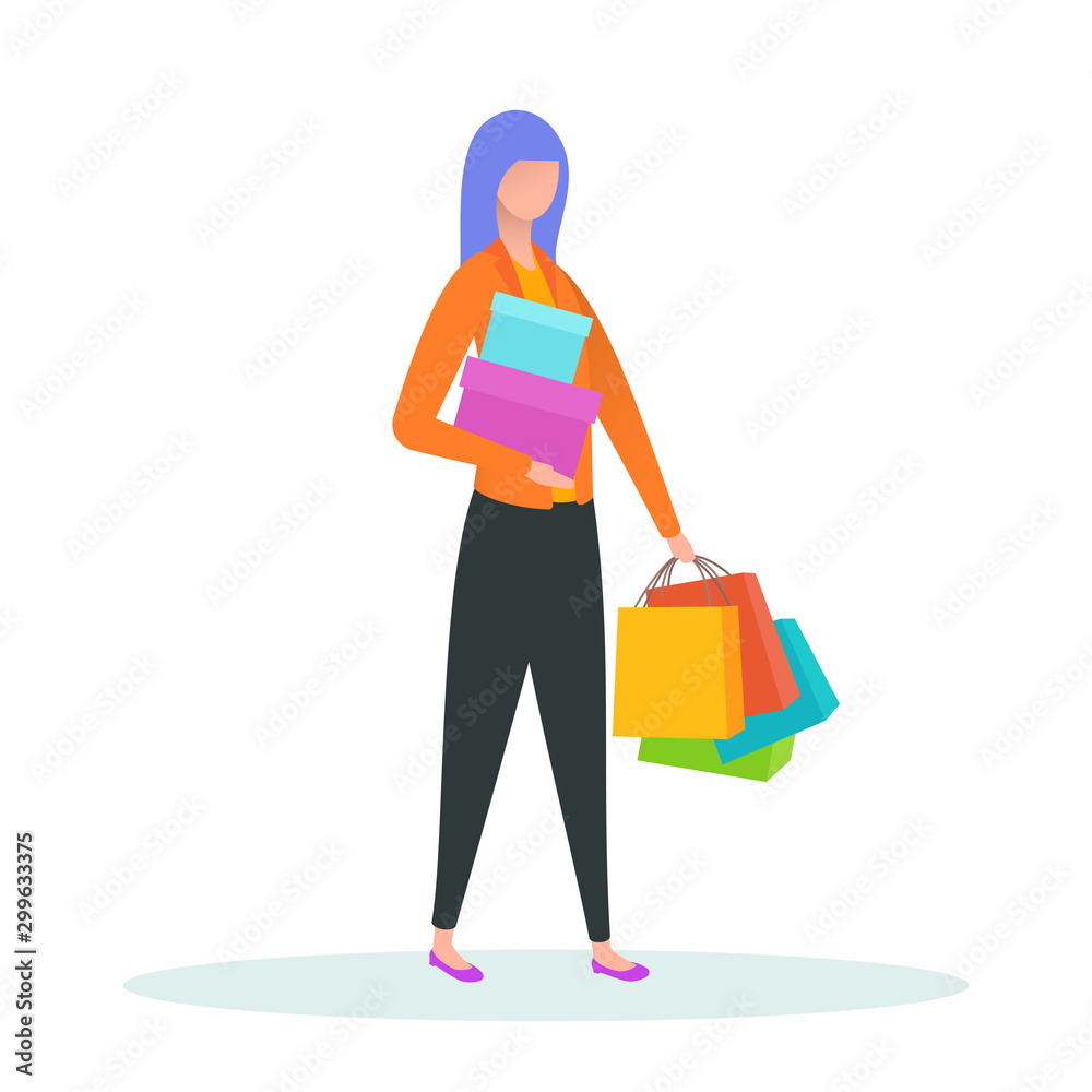Beautiful woman holds shopping bags and boxes. Colorful flat composition with cartoon character isolated on white background. Bright design element for branding shop, market or website.