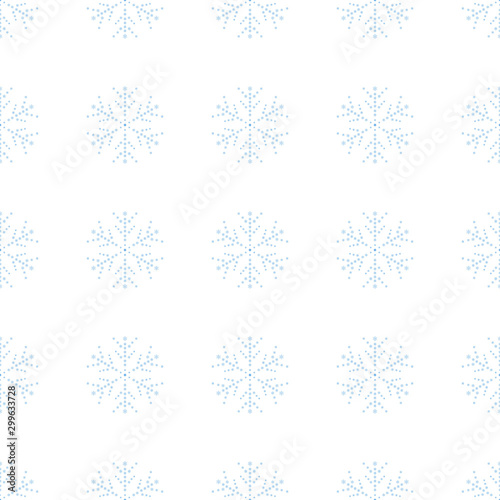 Snowflake simple seamless pattern. Blue snow on white background. Abstract wallpaper, wrapping decoration. Symbol of winter, Merry Christmas holiday, Happy New Year celebration Vector illustration