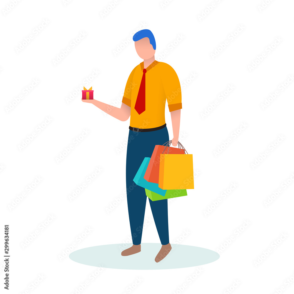Beautiful man holds shopping bags and gift box. Colorful flat composition with cartoon character isolated on white background. Bright design element for branding shop, market or website.