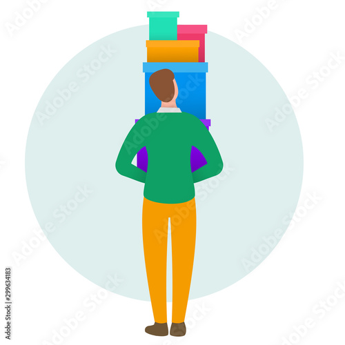 Beautiful man holds shopping boxes. Colorful flat composition with cartoon character isolated on white background. Bright design element for branding shop, market or website. Back view.