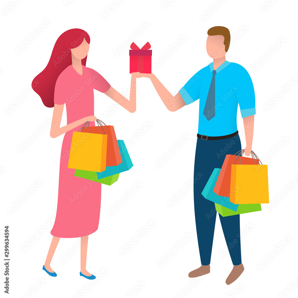 Couples shopping with bags and packages isolated on white background. Composition with beautiful man and woman make various purchases on store in cartoon flat style. Vector colorful illustration.