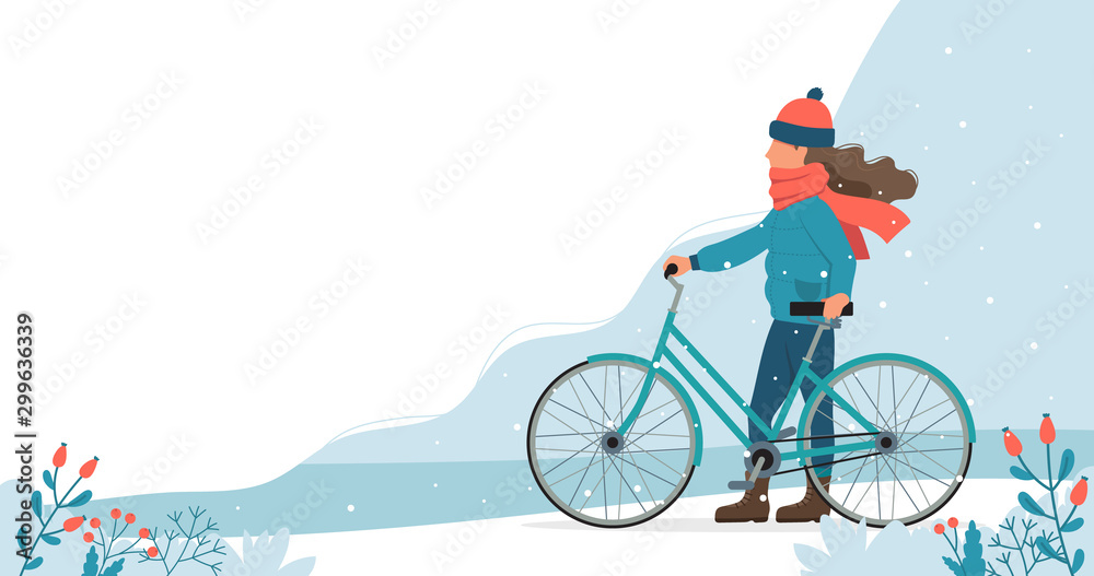 Girl with bike in the park in winter. Cute vector illustration in flat style. - obrazy, fototapety, plakaty 