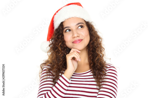 Beautiful american woman in santa hat isolated on white background