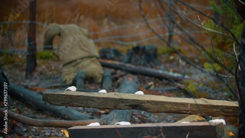 Wallpaper Mural Dead soldier lying on the iron wire - piece of log on a foreground Torontodigital.ca