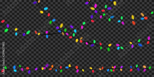 Christmas festive decorations, colored translucent fairy lights, isolated on transparent background. Transparency only in vector file