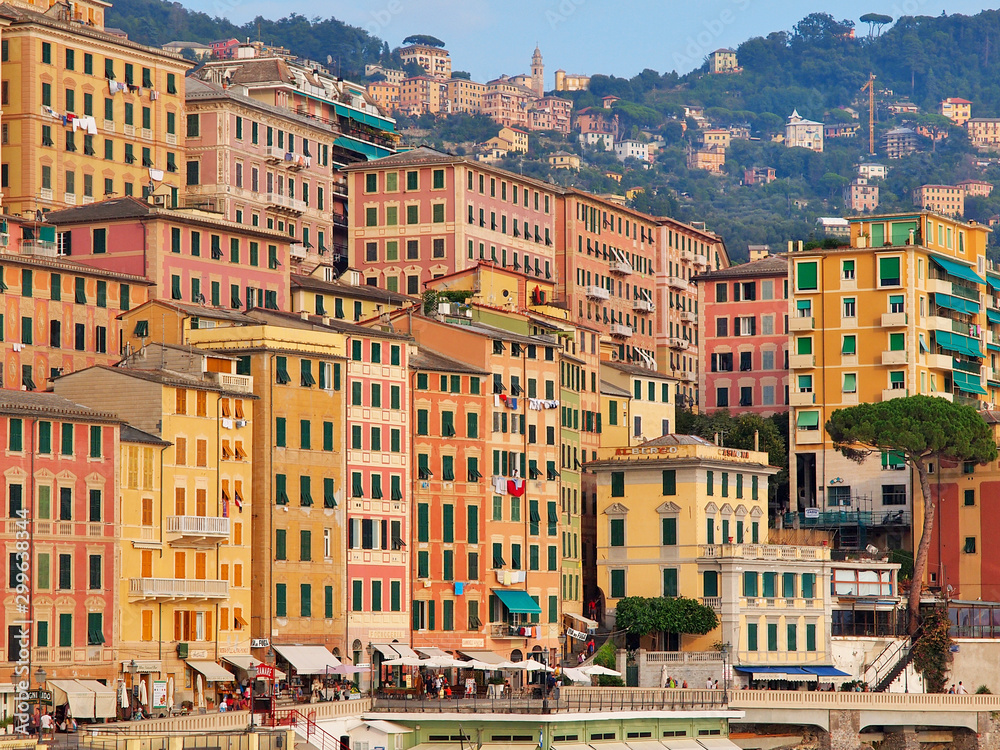  Camogli - rainbow-colored houses in the tourist resort on the west side of Portofino, on the Golf of Paradiso in the Riviera di Levante, in the Metropolitan City of Genoa, Liguria, northern Italy.