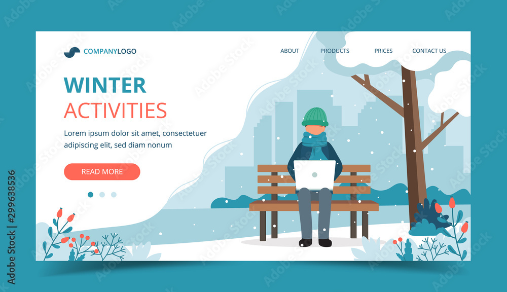 Man sitting on bench in winter with laptop. Landing page template. Cute vector illustration in flat style