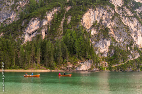 Boats on the Braies Lake  Lake Pragser Wildsee  Lago di Braies  in Dolomites mountains  Sudtirol  Italy.