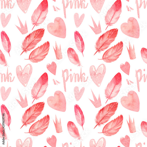 seamless pattern of cute pink feathers, heart, crown on an isolated white background, watercolor illustration, painting