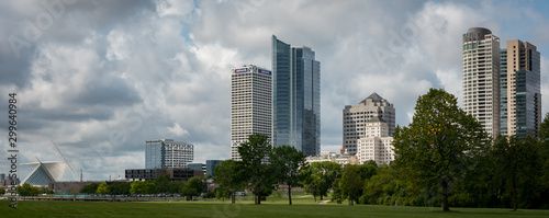 Milwaukee Wisconsin skyline as seen from Veterans Park in summer