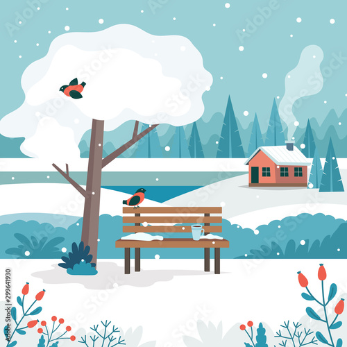 Winter landscape with cute bench, coffee cup, white tree, cute house, fields and nature. Vector illustration in flat style
