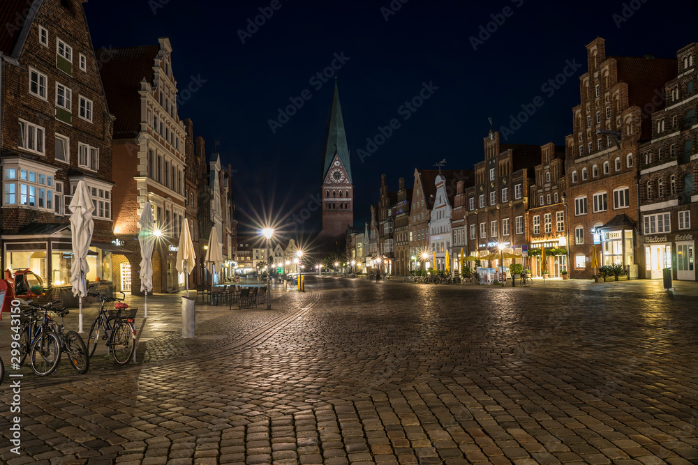 Medieval city of Lueneburg at night.