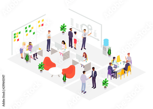 Office set flat isometric vector illustration. People work together in the office, business management, online communication, coworking concept, scram and team building, startup, landing page concept.