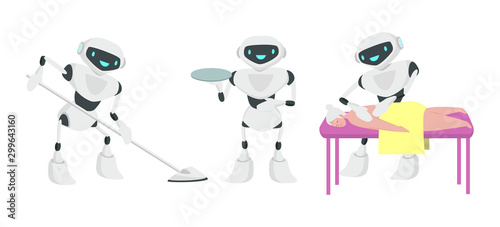 Household robots flat vector illustration set. The robot washes the floor, holds a tray, makes a massage. Robots in everyday life, replacement of human labor, technological revolution concept. 