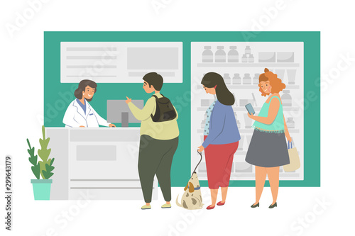 Pharmacy with nurse in counter and visitors flat vector illustration. Pharmacist advice a man drug treatment. The concept of the season of colds, treatment for the virus and disease, medications sale