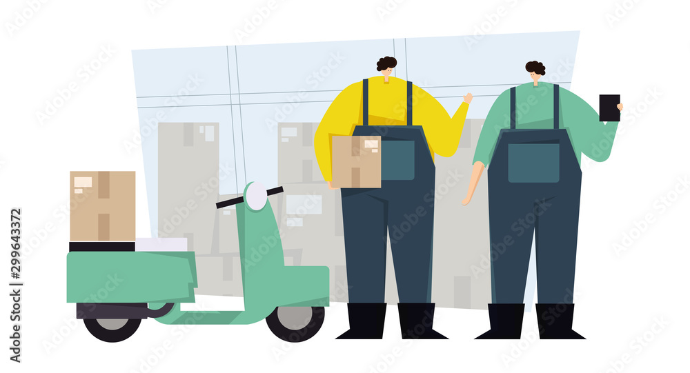 Parcel and cargo delivery, transport company flat vector illustration. Concept for shipping, delivery. Two man stand with parcels in front of boxes and scooter. Delivery man, courier service template.