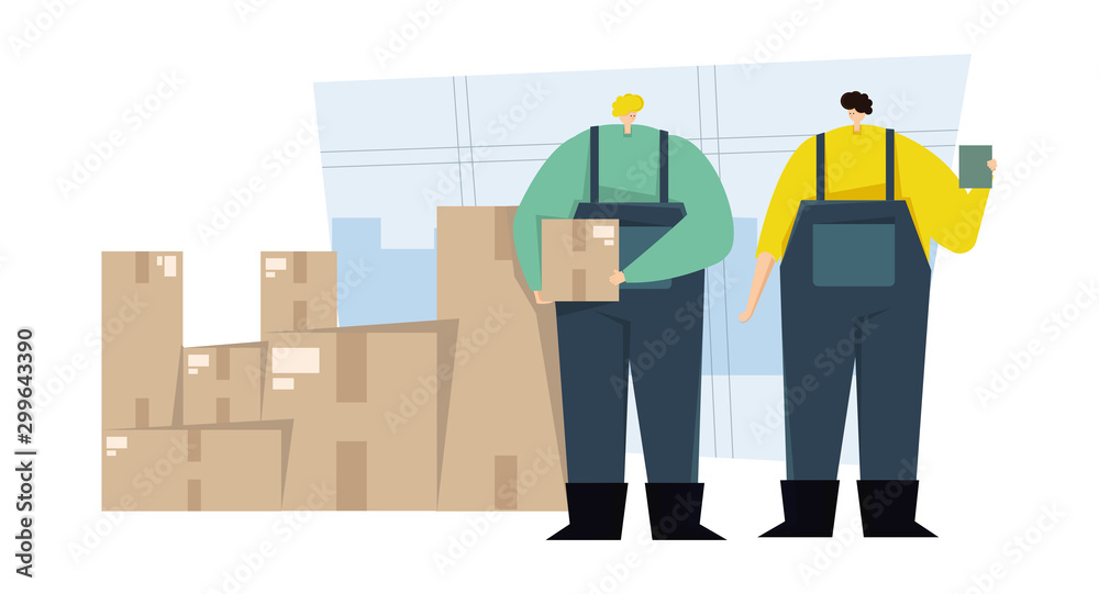 Parcel and cargo delivery, transport company flat vector illustration. Concept for shipping, delivery service. Two man stand with parcels in front of boxes. Delivery man, courier service template. Parcel and cargo delivery, transport company flat vector illustration. Concept for shipping, delivery service. Two man stand with parcels in front of boxes. Delivery man, courier service template.