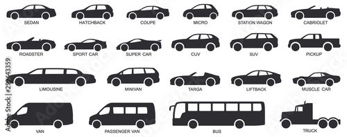Car body types. Car type vector.