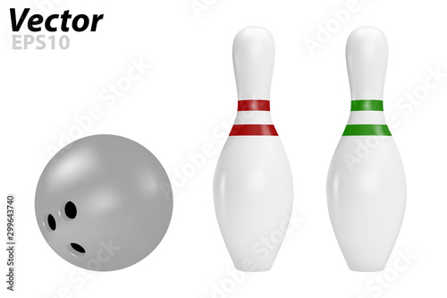 Pins and bowling ball in vector on white background.
