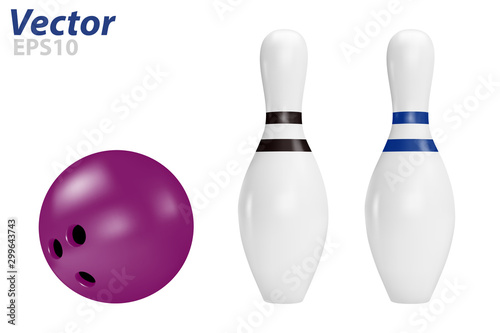 Pins and bowling ball in vector on white background.Bowling pins in a vector on a white background.A bowling pin in a vector.