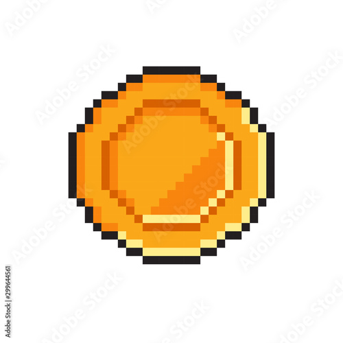 Pixel gold coin for 16 bit retro game. Vector golden pixelated coin isolated on white background. Illustration of money 8bit.	