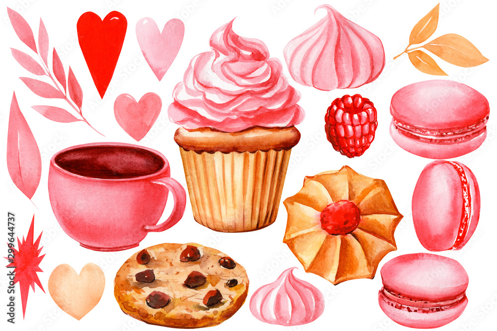 set of elements pink of cakes, hearts, leaves, meringue, macaroons cookies, raspberries berries on an isolated white background, watercolor illustration