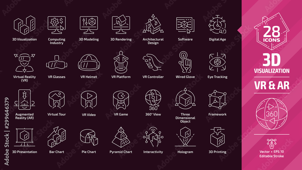 3D visualization outline icon set in dark mode with virtual & augmented ...