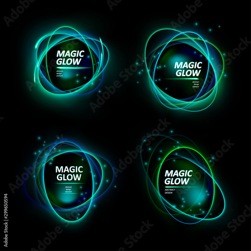 Magic light effects. Illustration isolated on dark background. Mystical portal. Bright sphere lens. Rotating lines. Glow ring. Magic neon ball. Abstract design logo. Vector.