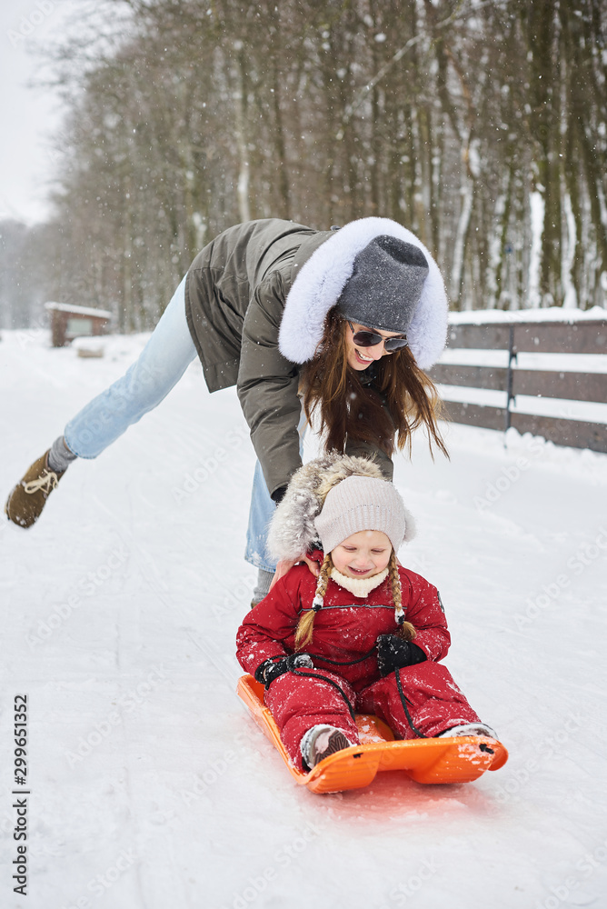 A young beautiful mom sledges her baby