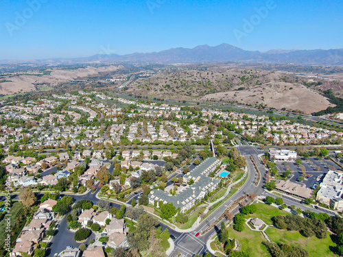 Aerial view of master-planned community and census-designated Ladera Ranch, South Orange County, California. Large-scale residential neighborhood