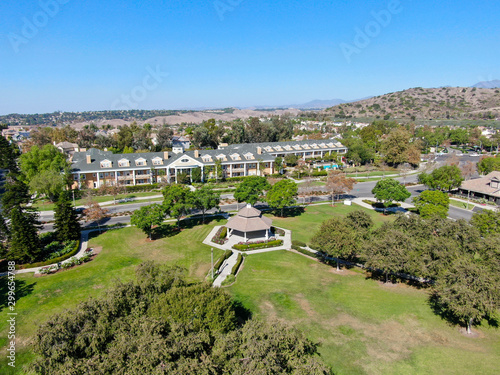 Aerial view of Town Green little park in Ladera Ranch, South Orange County, California. Large-scale residential neighborhood with small park photo