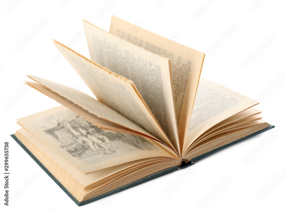 Open hardcover modern book on white background Open hardcover modern book on white background