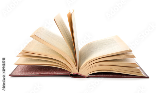Open hardcover modern book on white background