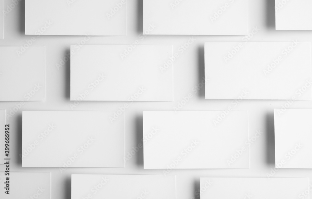 Blank business cards on white background, top view. Mock up for design