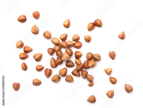 Buckwheat grains isolated on white, top view. Organic cereal