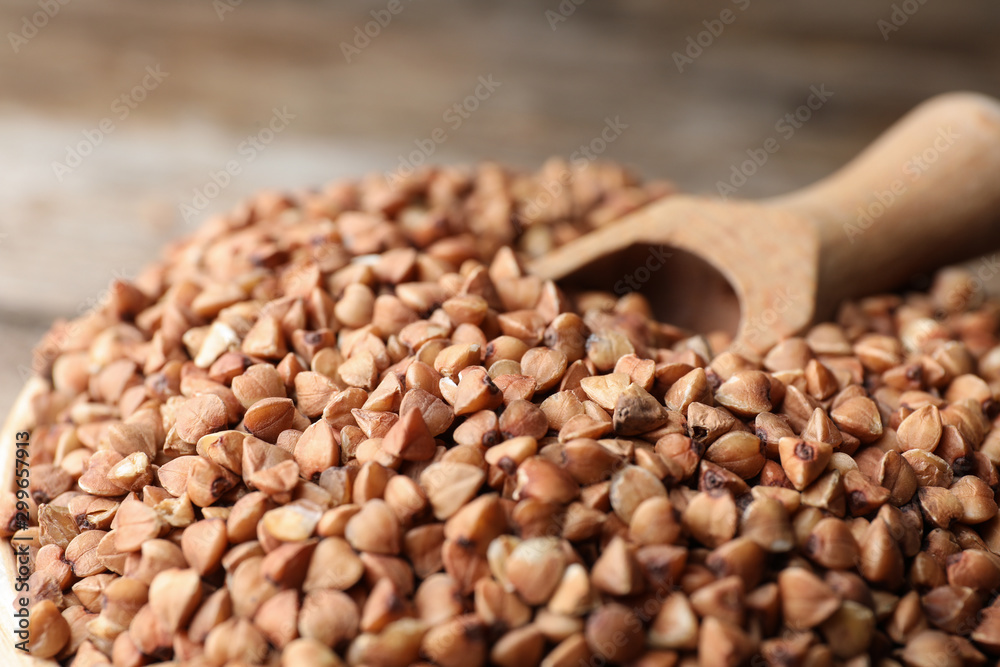 Uncooked organic buckwheat grains and scoop in bowl, closeup Uncooked organic buckwheat grains and scoop in bowl, closeup
