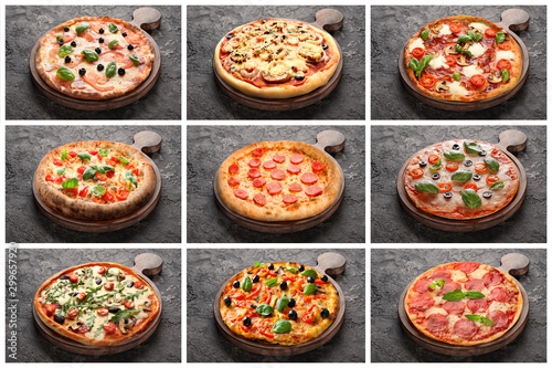 Collage with different pizzas on grey background