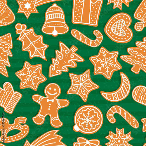 Vector Christmas seamless pattern with gingerbread cookies. Festive baking for winter holidays. Gingerbread men and Christmas tree, star, bell, house, cane, heart, ball, crescent, present, mistletoe.