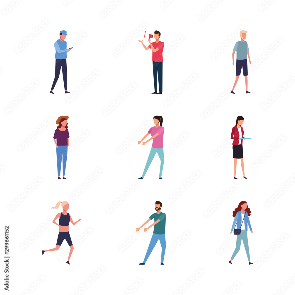 set of avatar people doing actions, flat design